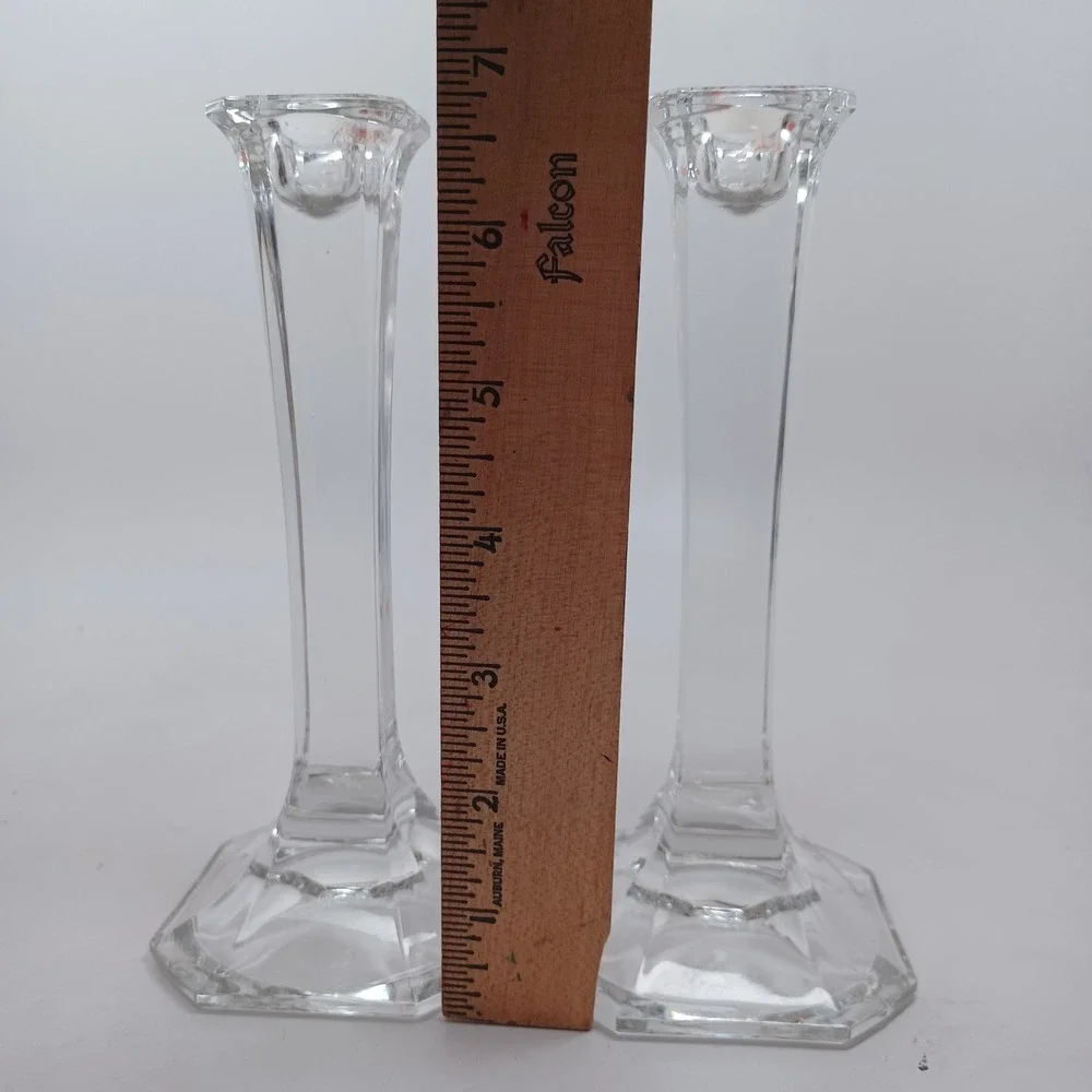 Vintage Clear Crystal Glass Hexagonal Base Taper Candlestick Holders Pair 7.75in